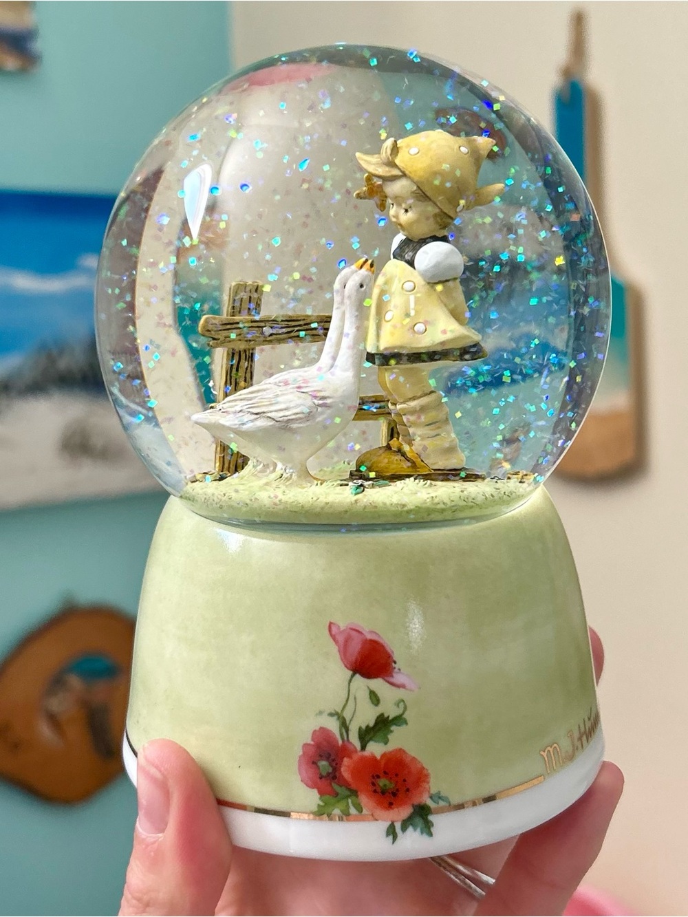 Cottagecore Musical Snowglobe with White Geese + Girl Figurine Inside